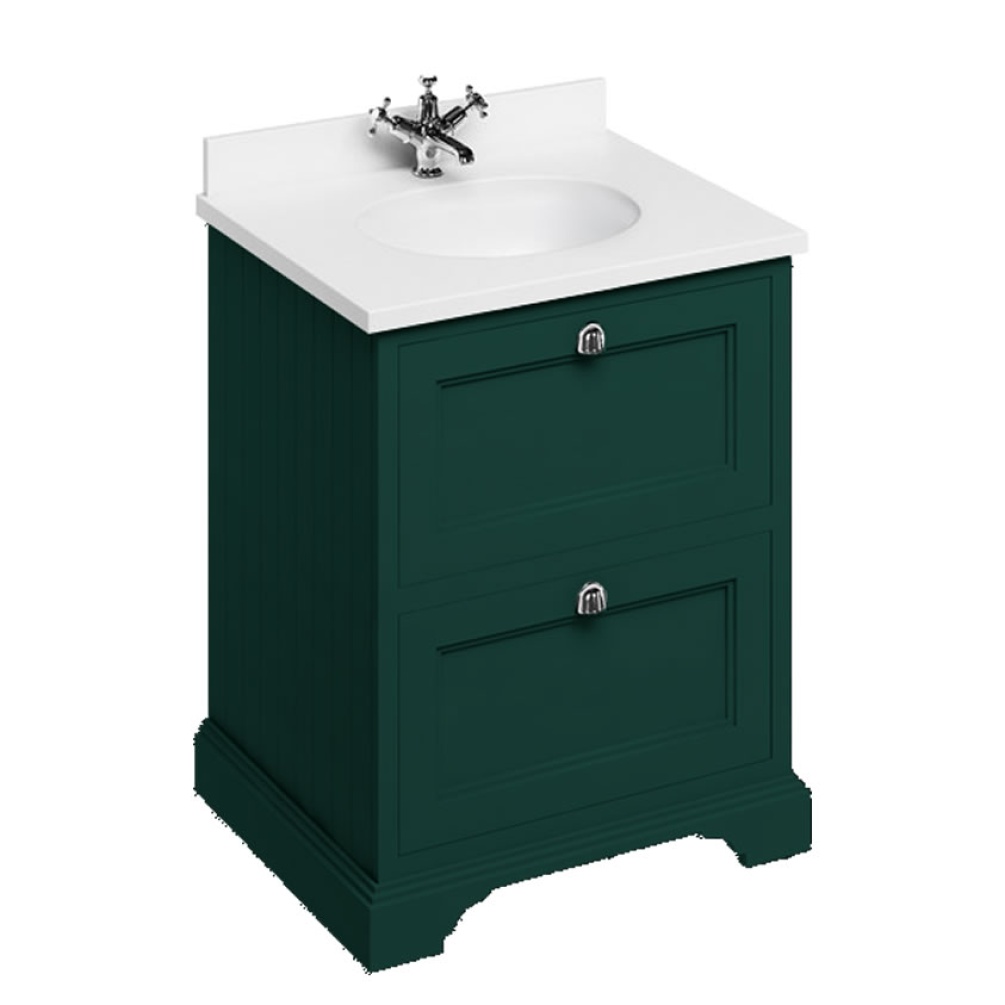 Burlington Minerva White 650mm Worktop & Matt Green Freestanding Vanity Unit with Drawers